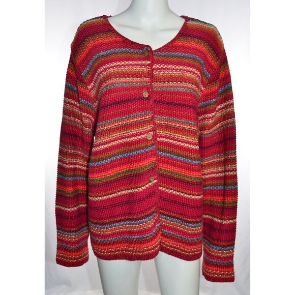Northern Isles Knit Beaded Multicolor Striped Cardigan Sweater Pink/Orange XL - Picture 1 of 5
